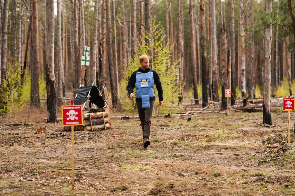 Prince Harry walking through a forest clearing wearing a blue HALO Trust vest with a danger sign in the foreground.