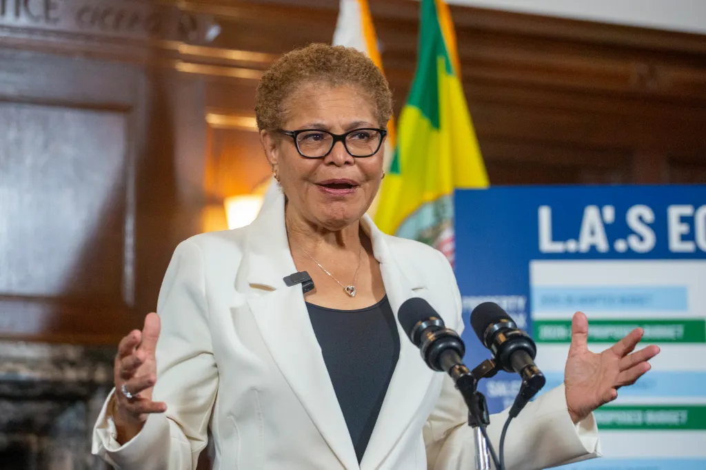 Mayor Karen Bass speaking at a press conference about the proposed FY 2026–2027 City Budget.