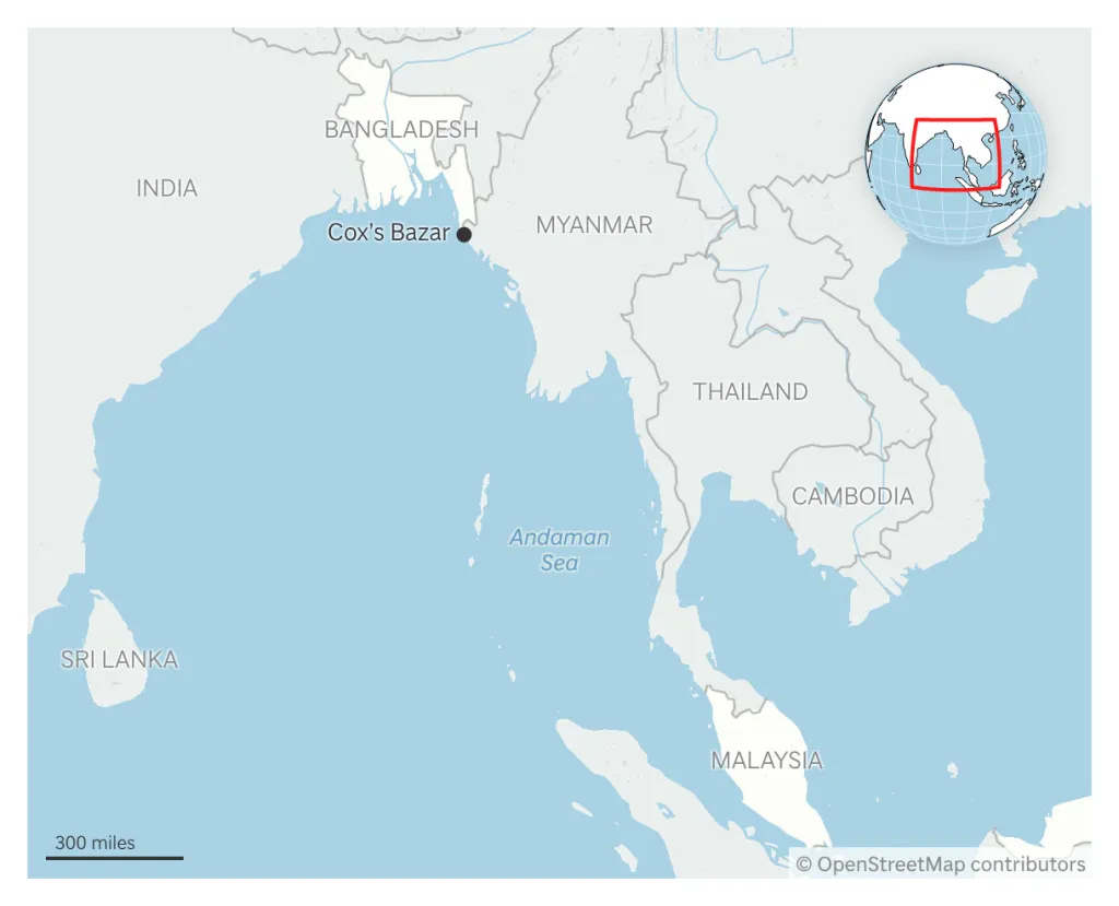Map of Southeast Asia and the Andaman Sea, with Cox's Bazar in Bangladesh highlighted.