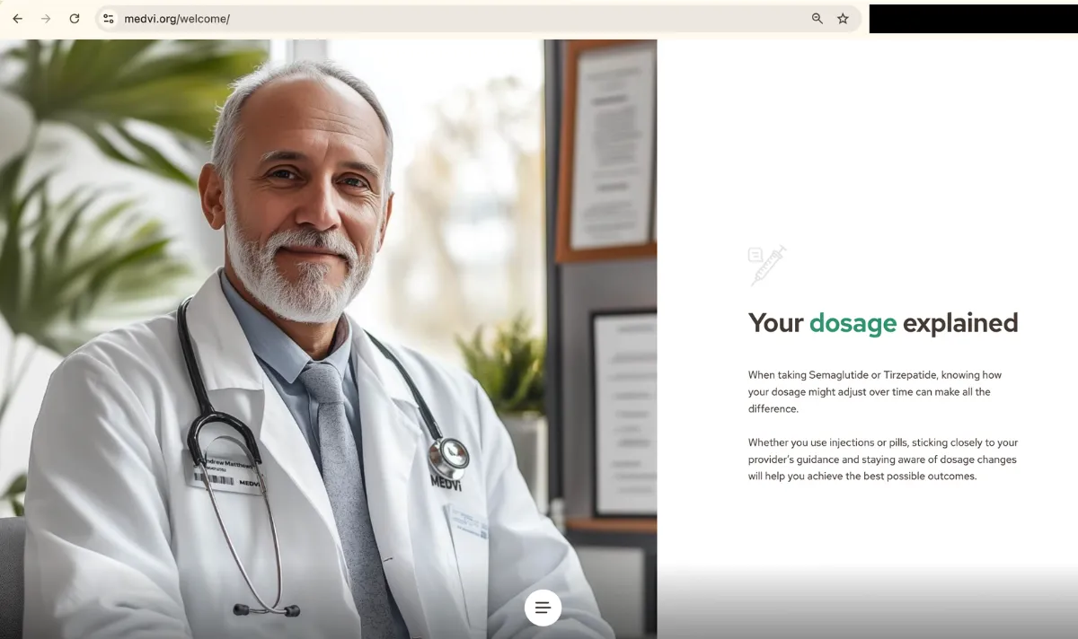 A webpage for medvi.org/welcome featuring an AI-generated doctor with a lab coat that says 