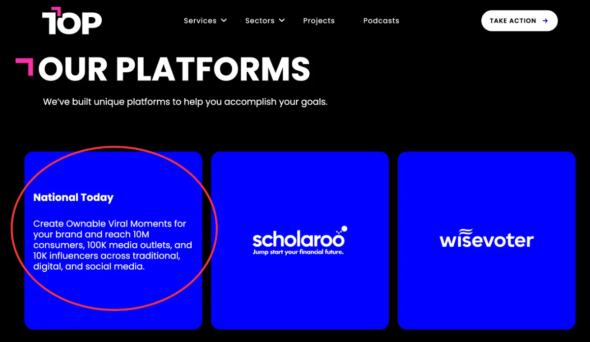 A screenshot of TOP Agency's homepage, which lists National Today as a platform for brands to