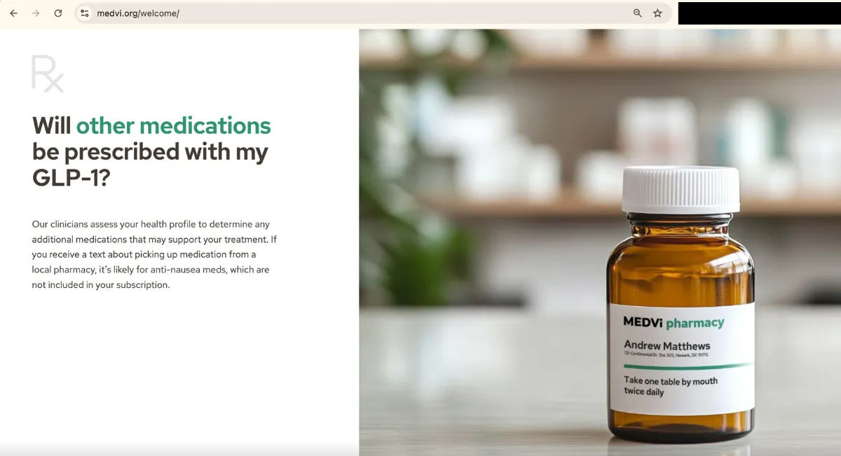 A webpage for medvi.org/welcome featuring an AI-generated bottle Medvi-branded medication. The bottle reads 