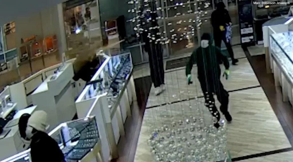 CCTV footage showing two masked people in a jewelry store.