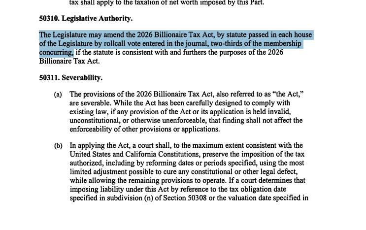 Section 50310 in the law discussing legislative authority to amend the 2026 Billionaire Tax Act.