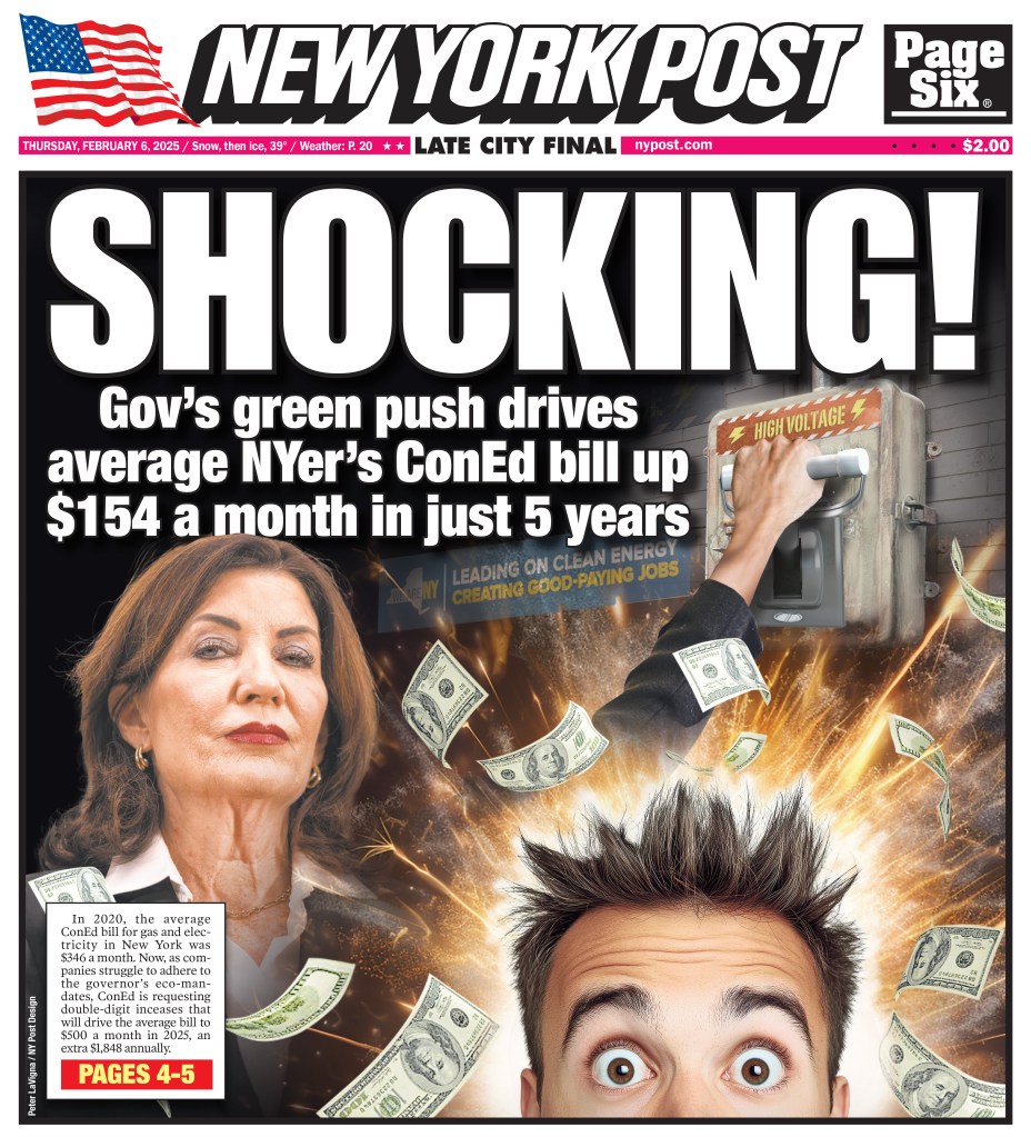 Illustration depicting New York Governor Kathy Hochul, a person experiencing shock with money flying around them, and a hand pulling a high voltage switch, representing rising Con Edison bills.