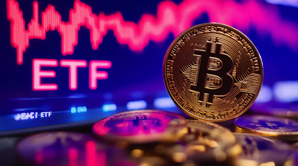 Bitcoin coin with "ETF" and a market graph in the background.