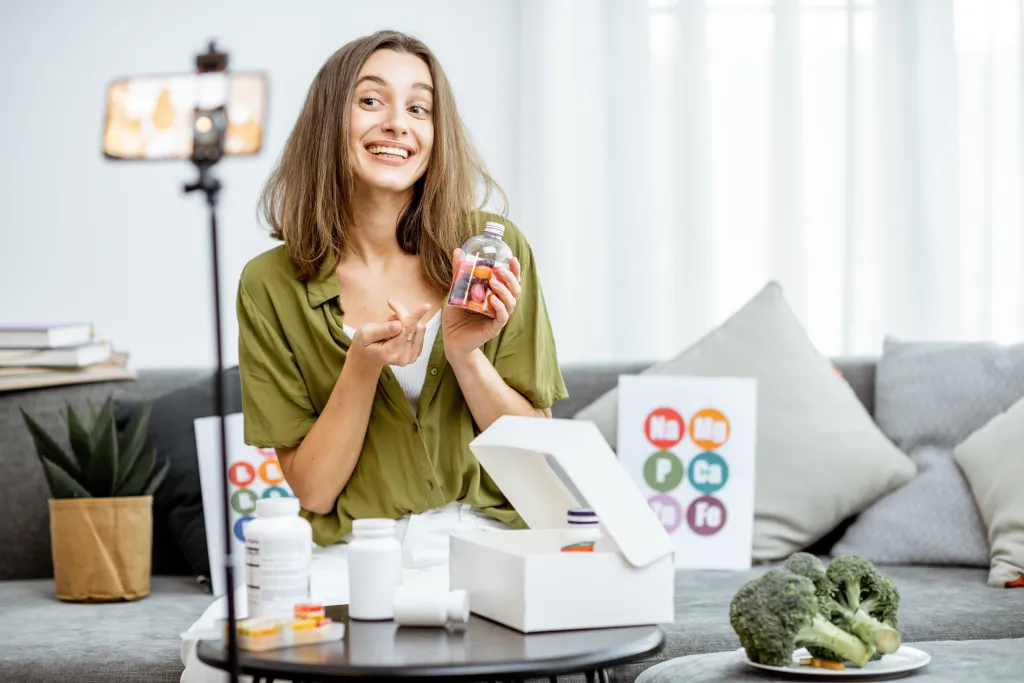 A woman vlogging about nutritional supplements, holding a bottle of colorful gummy vitamins.