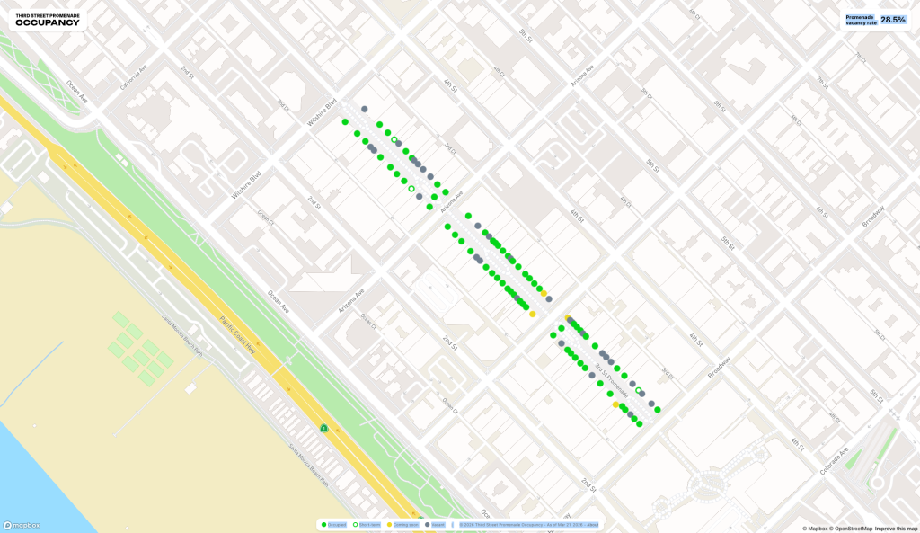 Map of Third Street Promenade showing occupancy with 28.5% vacancy rate.