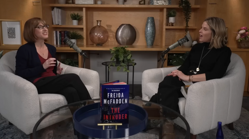 Freida McFadden discussing her book "The Intruder" during an interview.