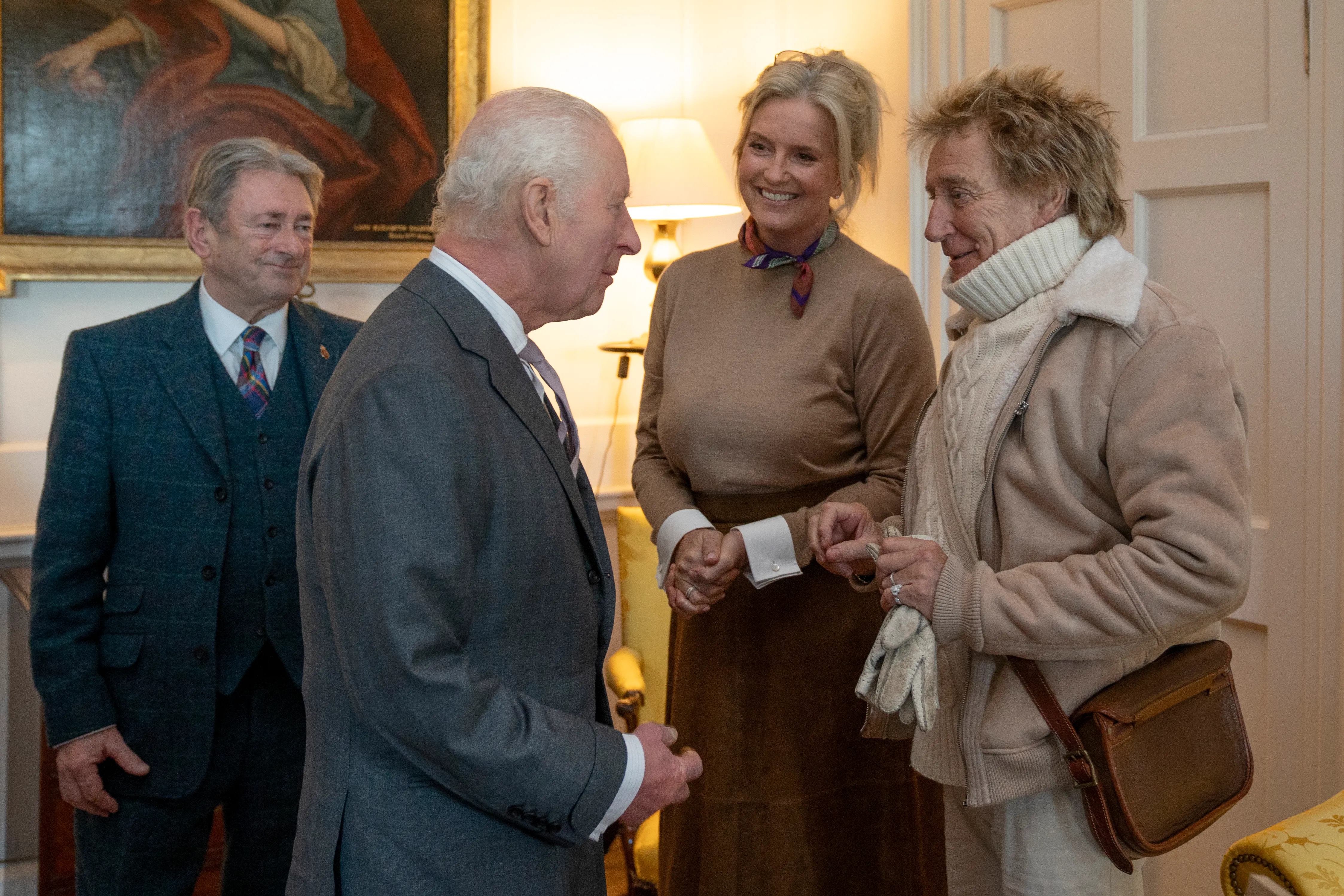 King Charles III meets wtih Lady Penny Lancaster and Sir Rod Stewart at Dumfries House on Jan. 15, 2025.