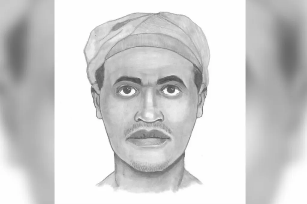 Illustration of a police composite sketch of a male suspect with a durag or head wrap.