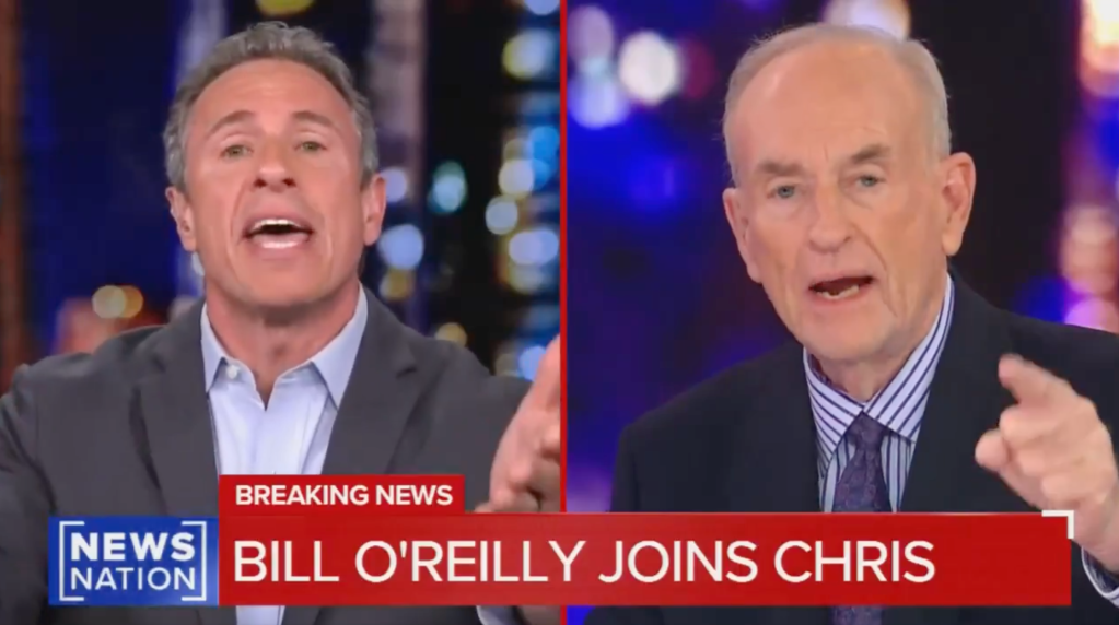 Split screen showing Chris Cuomo on the left and Bill O'Reilly on the right, with a 