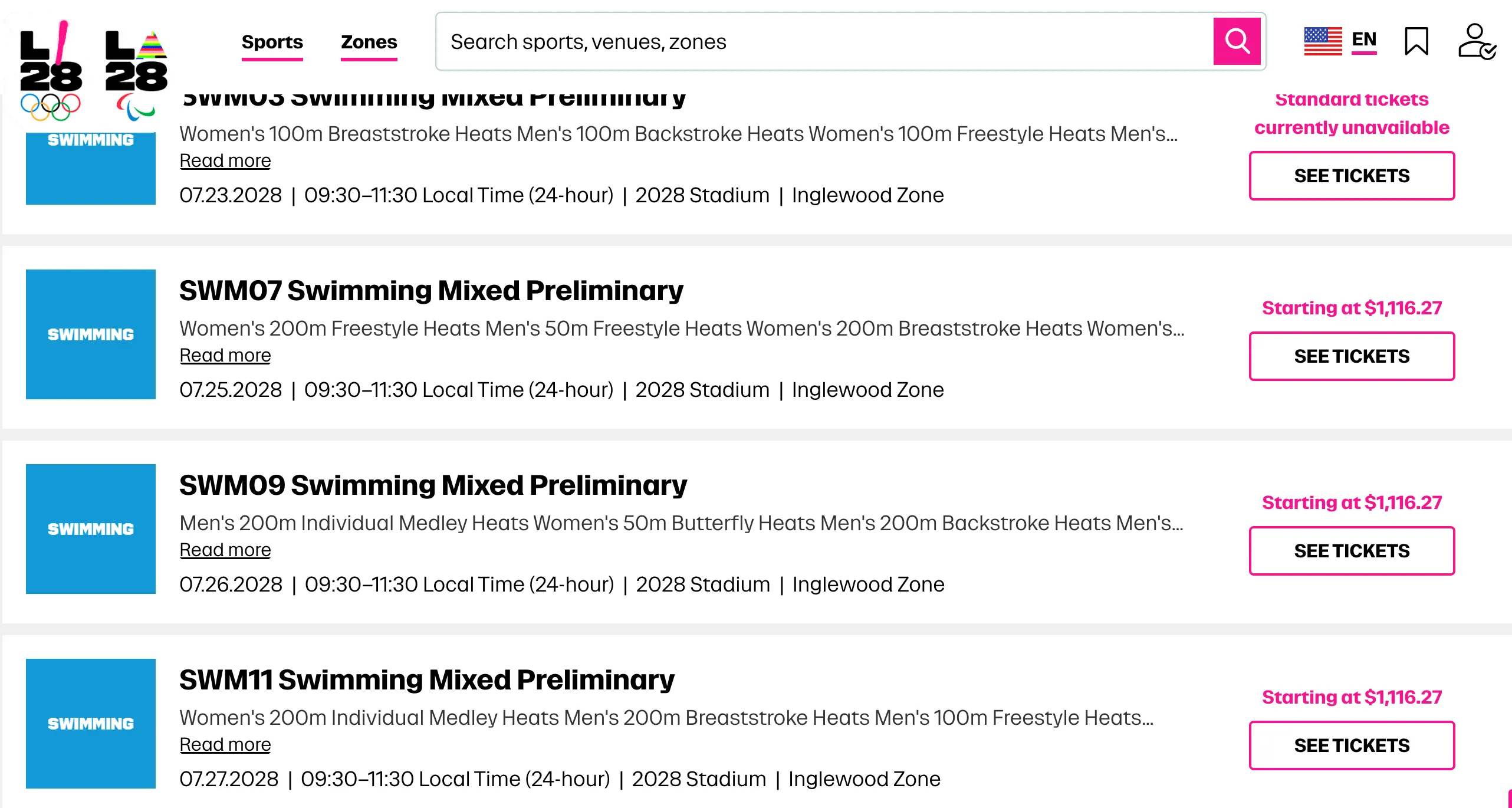 Screenshot of 2028 Olympic ticket selection page for swimming