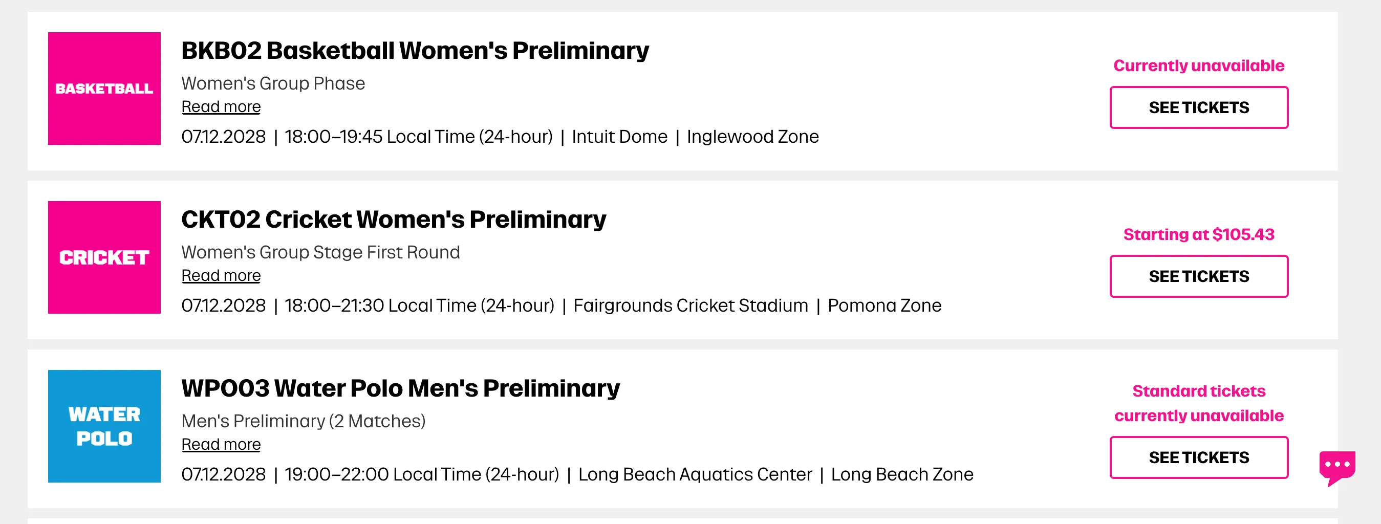 Screenshot of 2028 Olympic ticket selection page 