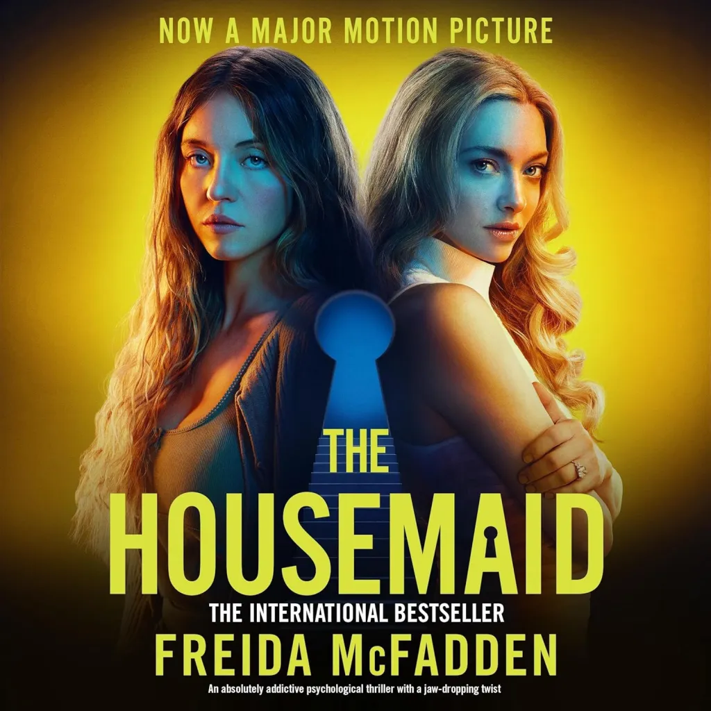 Book cover for "The Housemaid" showing two women, one with long brown hair, and the other with long blonde hair, with a keyhole shape separating them.