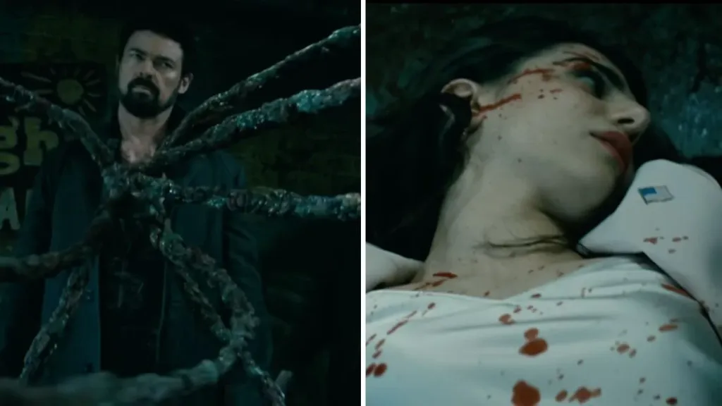 Karl Urban as Butcher and Claudia Doumit as Victoria Neuman in