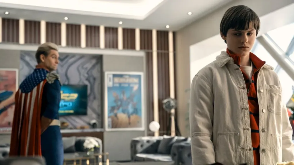 Antony Starr as Homelander and Cameron Crovetti as Ryan Butcher in Season 4 of