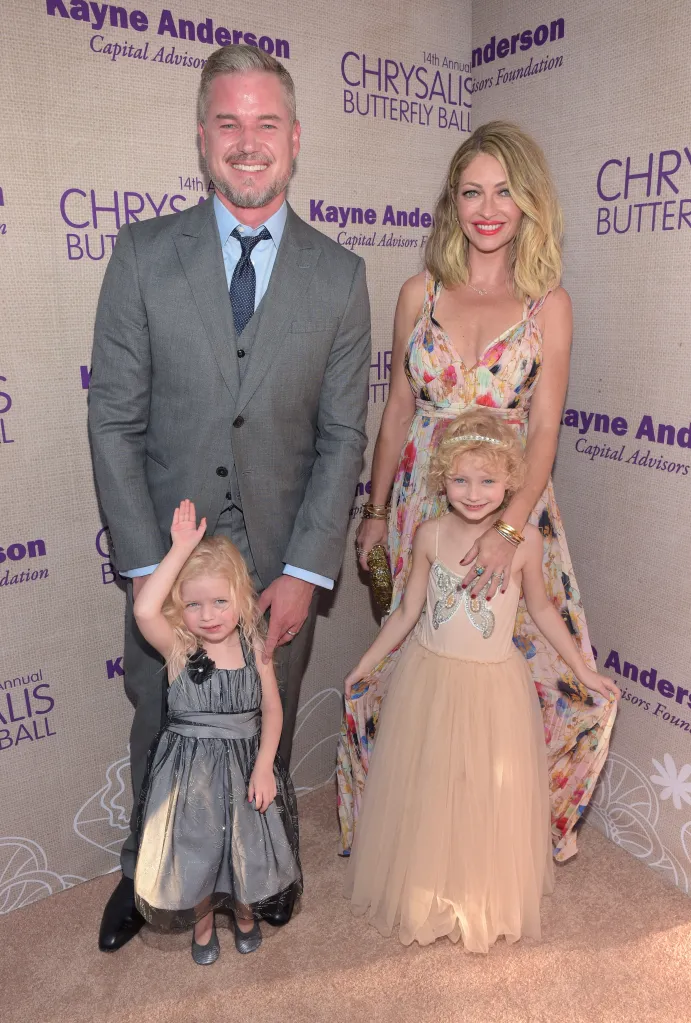 Actor Eric Dane, Rebecca Gayheart-Dane, and their two daughters, Georgia and Billie, pose for a family photo at the Chrysalis Butterfly Ball.