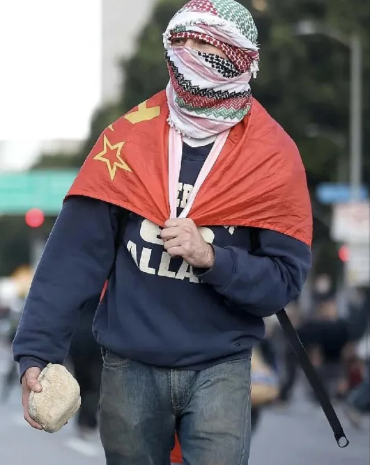 Adam Palermo, with his face covered by a keffiyeh and a red flag with a yellow star draped over his shoulders, holding a large rock.