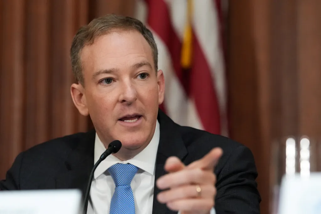 EPA Administrator Lee Zeldin speaking at a microphone, gesturing with his right hand.