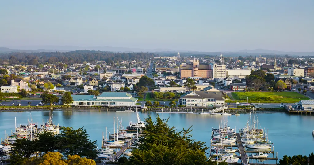 Aerial view of boats moored at a marina in Eureka, Humboldt County, California.