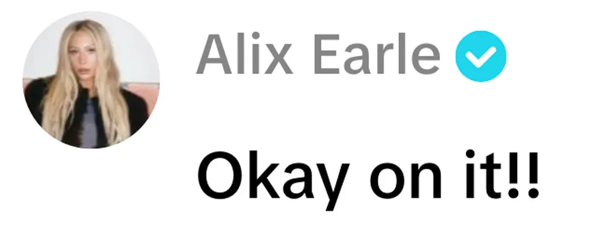 A screenshot showing Alix Earle's profile picture, name with a verified checkmark, and a message that reads 