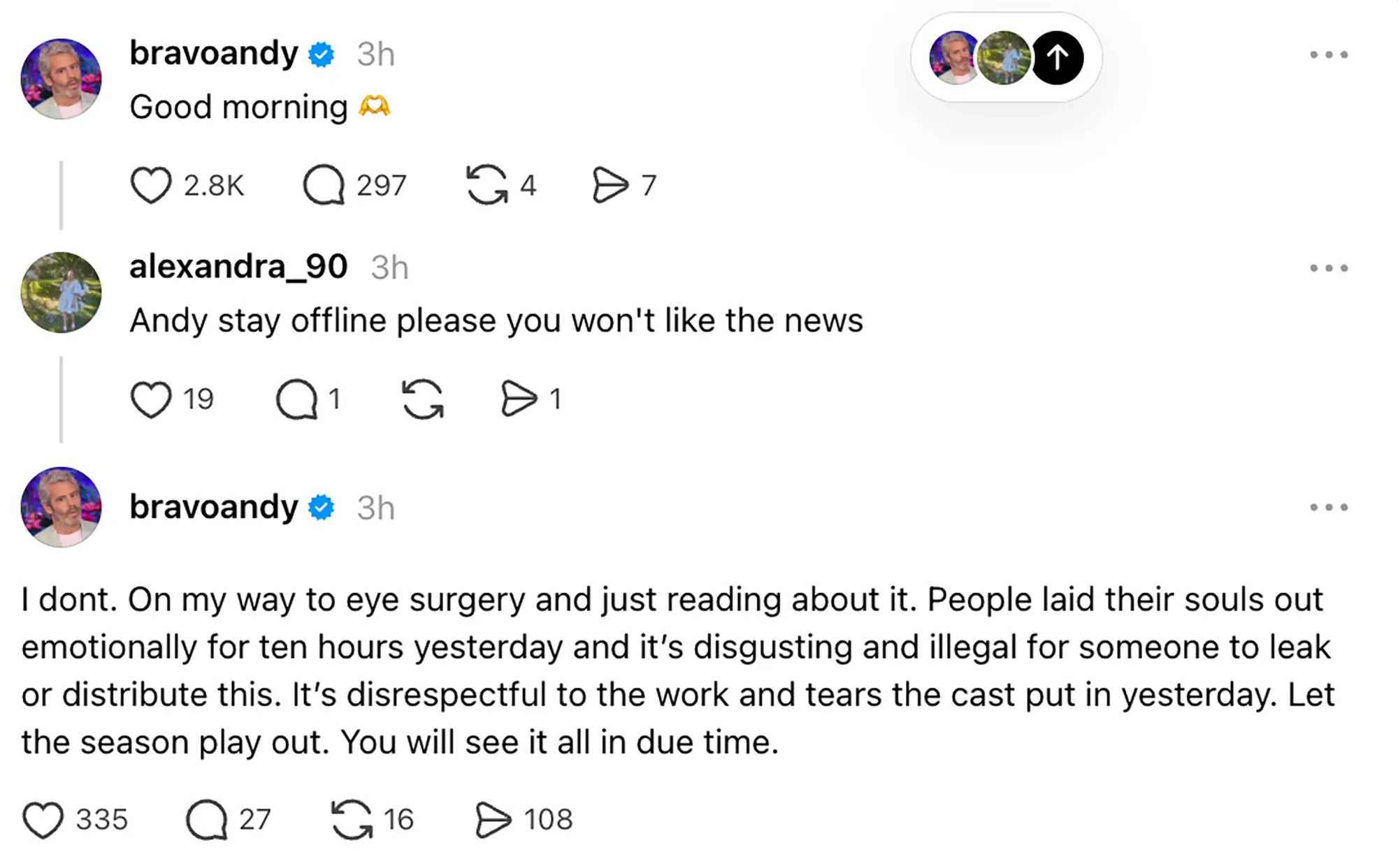 Andy Cohen's post on Threads about the leaked audio from the 
