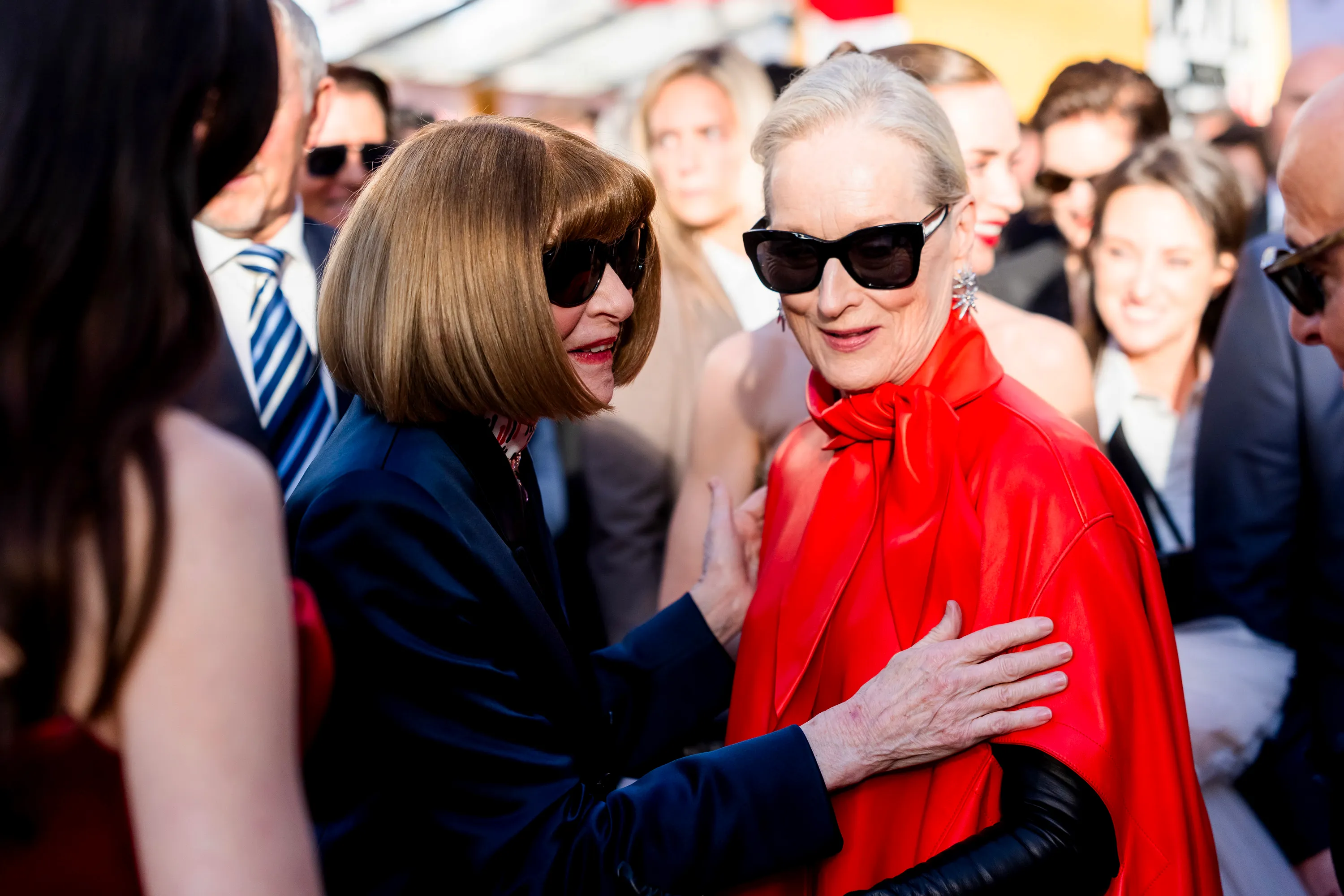 Anna Wintour and Meryl Streep greet each other at The Devil Wears Prada 2 world premiere.