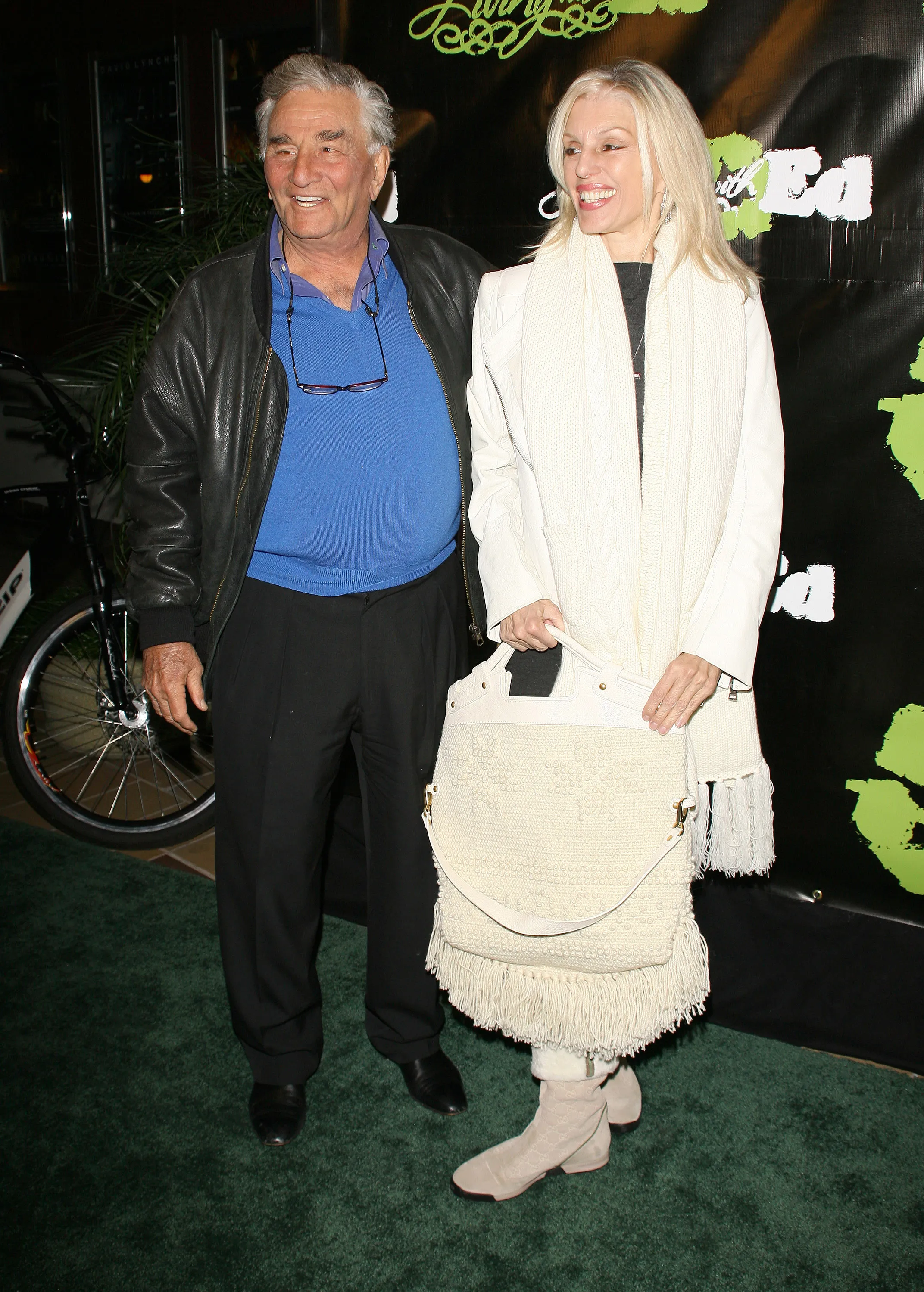 Peter Falk and his wife, Shera Danese, smiling at the "Living with Ed" special screening.