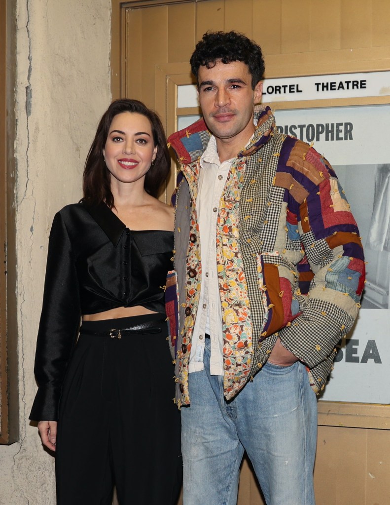 Aubrey Plaza and Christopher Abbott pose for a photo at the "Danny and the Deep Blue Sea" show.