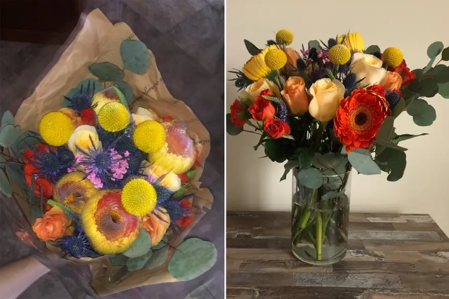 A bouquet of flowers in a vase from BloomsyBox, previously reviewed by Victoria Giardinia.