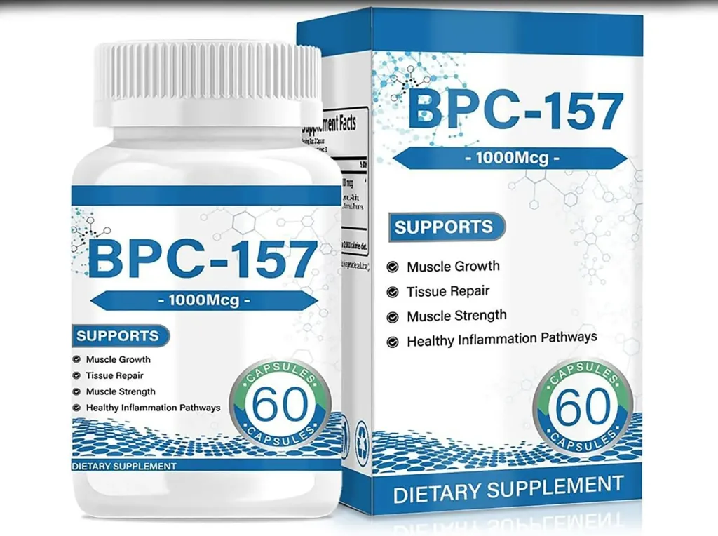 Illustration of BPC-157 capsules and packaging supporting muscle growth, tissue repair, muscle strength, and healthy inflammation pathways.