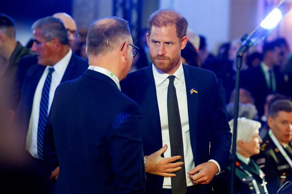 Prince Harry speaks with former Polish President Andrzej Duda at the Kyiv Security Forum on April 23, 2026.