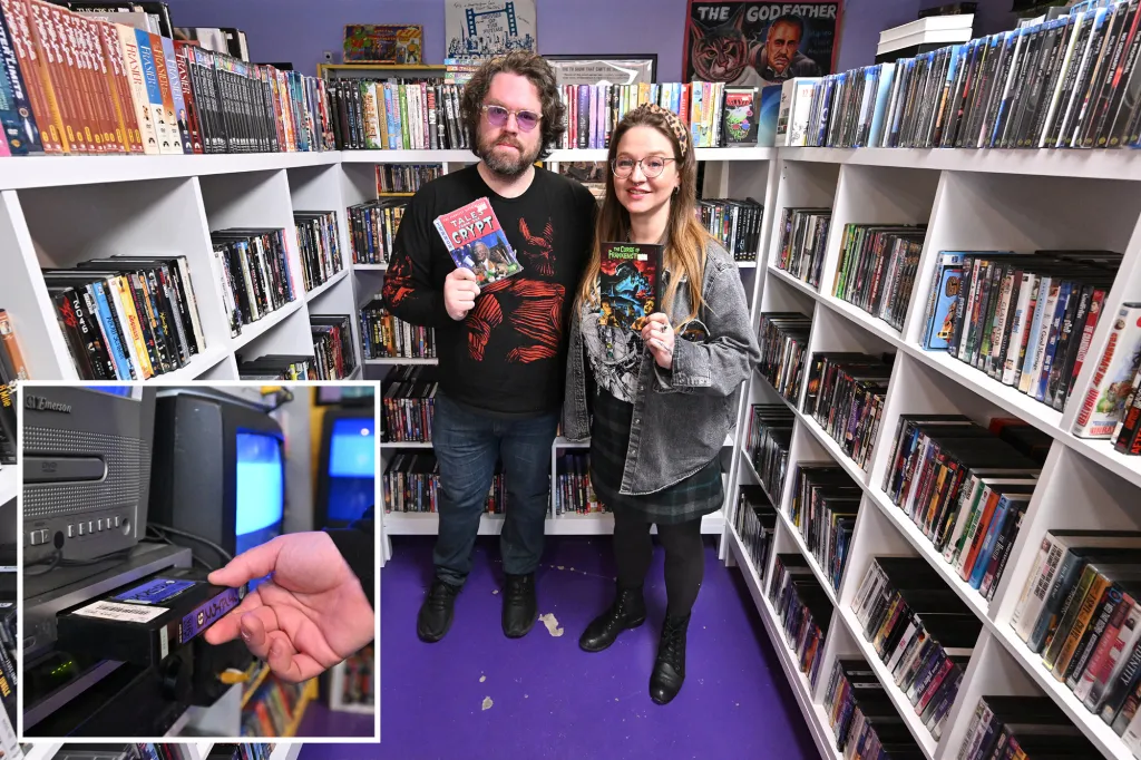 Collage of a man and a woman holding videos in a video store, with an inset of a hand inserting a cassette tape into a VCR.