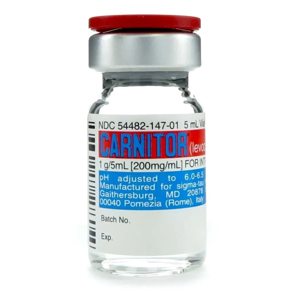 Carnitor Levocarnitine 200 mg/mL Injection 5 mL vial.