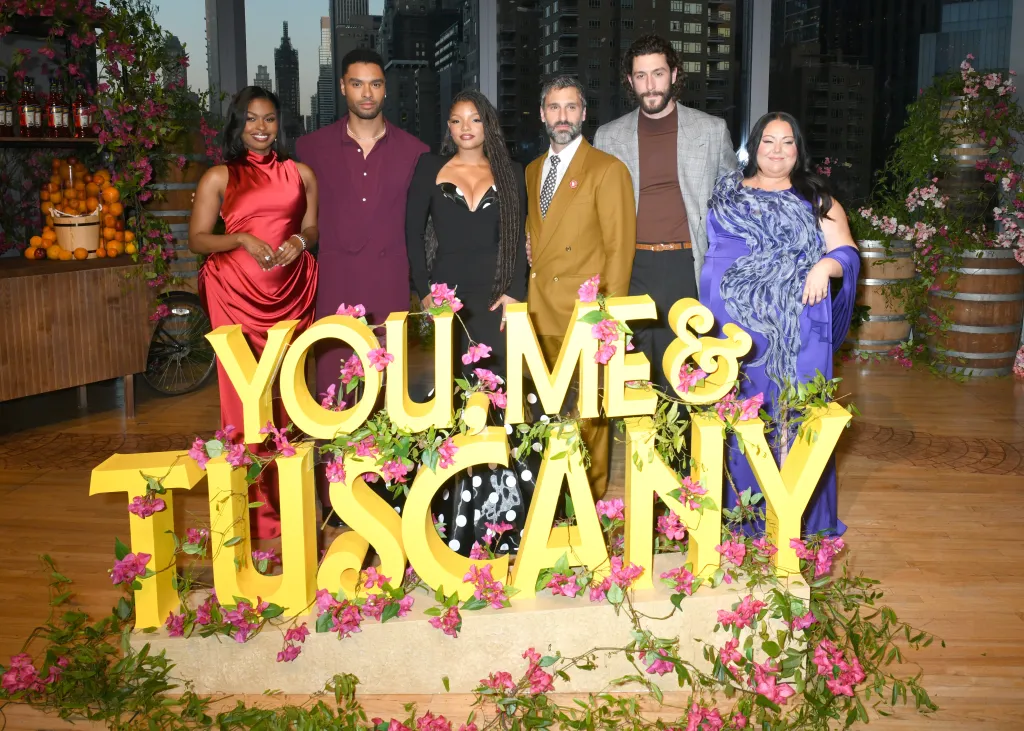 The cast and VIP guests Aziza Scott, Regé-Jean Page, Halle Bailey, Marco Calvani, Lorenzo De Moor, and Stella Pecollo at the "You, Me & Tuscany" premiere.