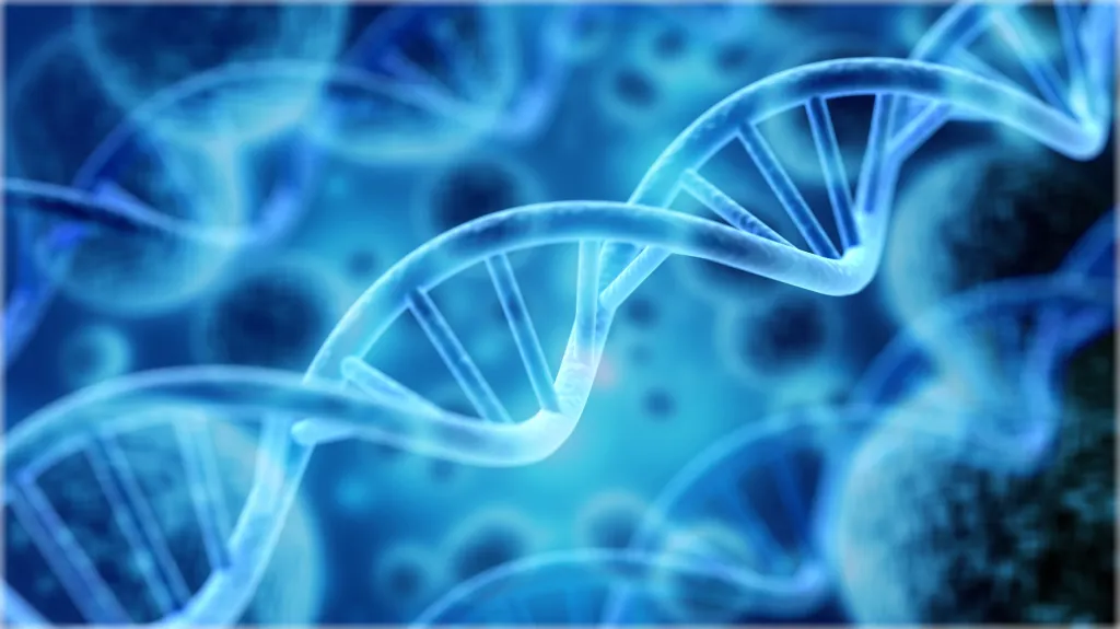 Illustration of blue DNA strands and cells.
