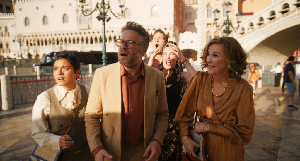 From left, Chase Sui Wonders, Seth Rogen, Ike Barinholtz, Kathryn Hahn, and Catherine O'Hara looking surprised.