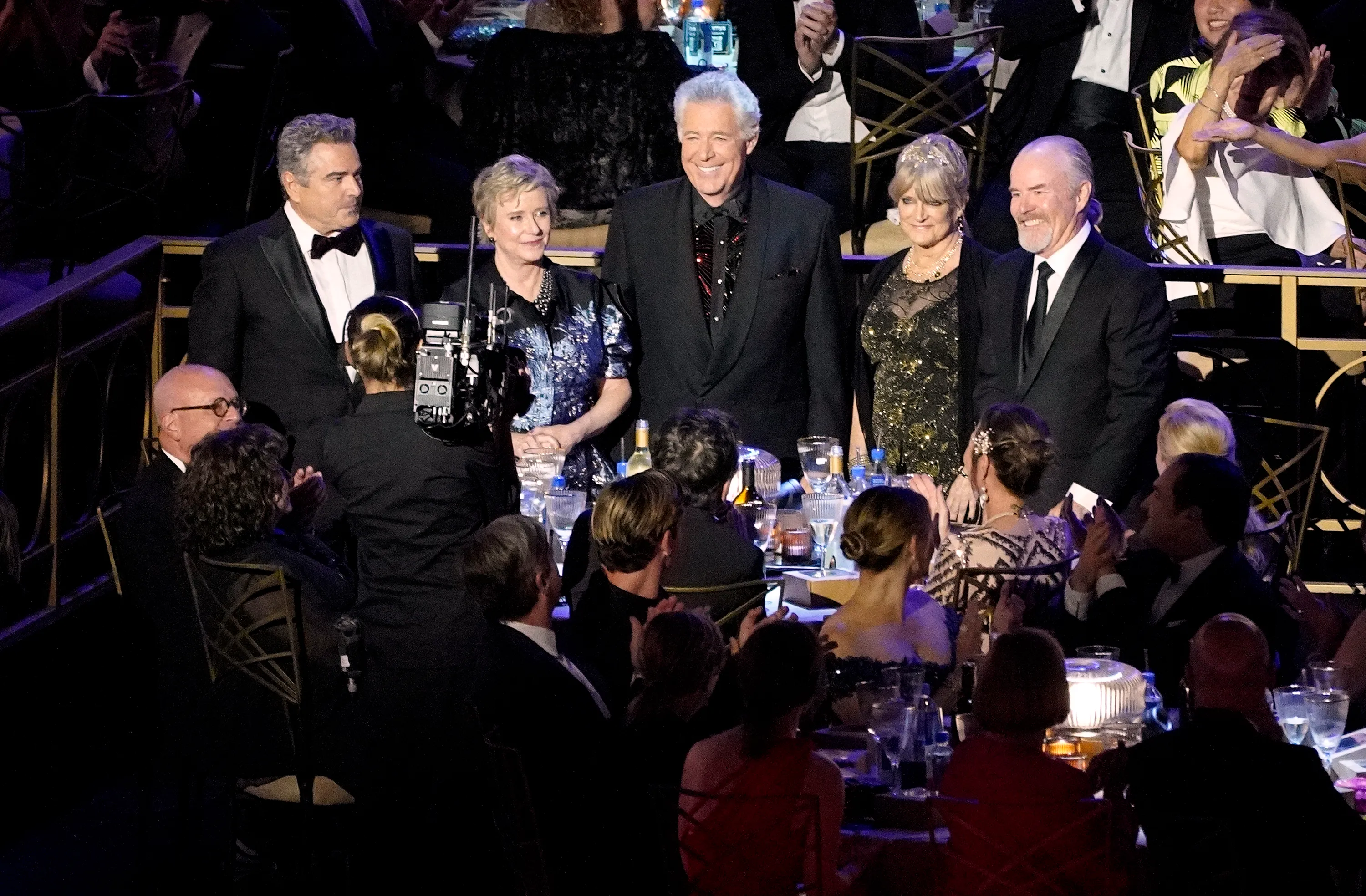 (L-R) Christopher Knight, Eve Plumb, Barry Williams, Maureen McCormick, and Mike Lookinland stand in the audience for a tribute to "The Brady Bunch" at the 74th Primetime Emmy Awards on Monday, Sept. 12, 2022, at the Microsoft Theater in Los Angeles.