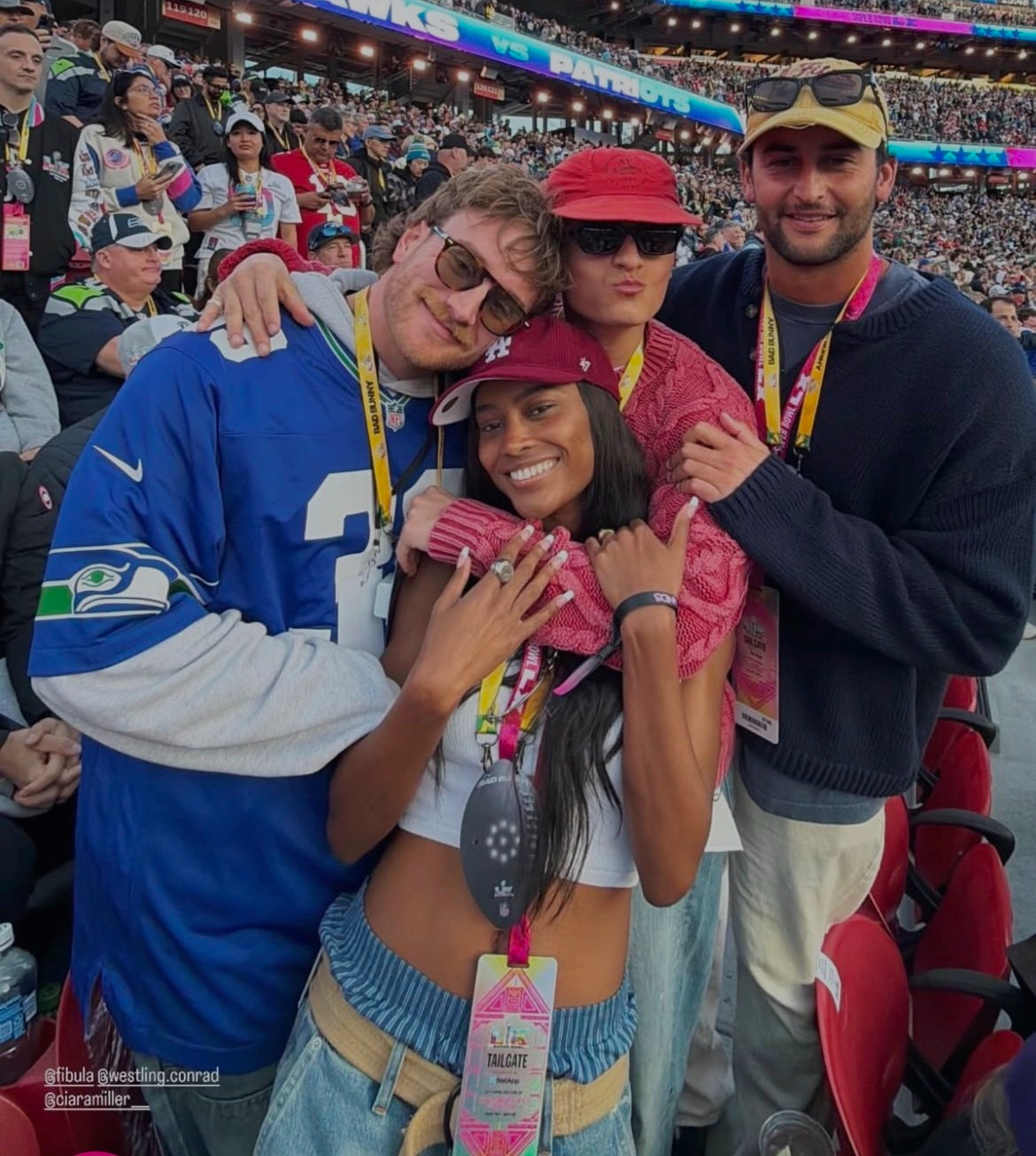 Ciara Miller and West Wilson with friends at the Super Bowl.