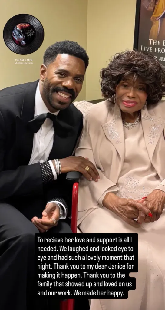 Colman Domingo and Katherine Jackson sitting together, with a Michael Jackson record graphic overlaying the top left.