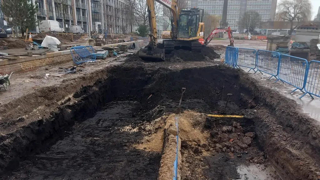 An excavated construction site in the United Kingdom where a 300-year-old cannon was unearthed.