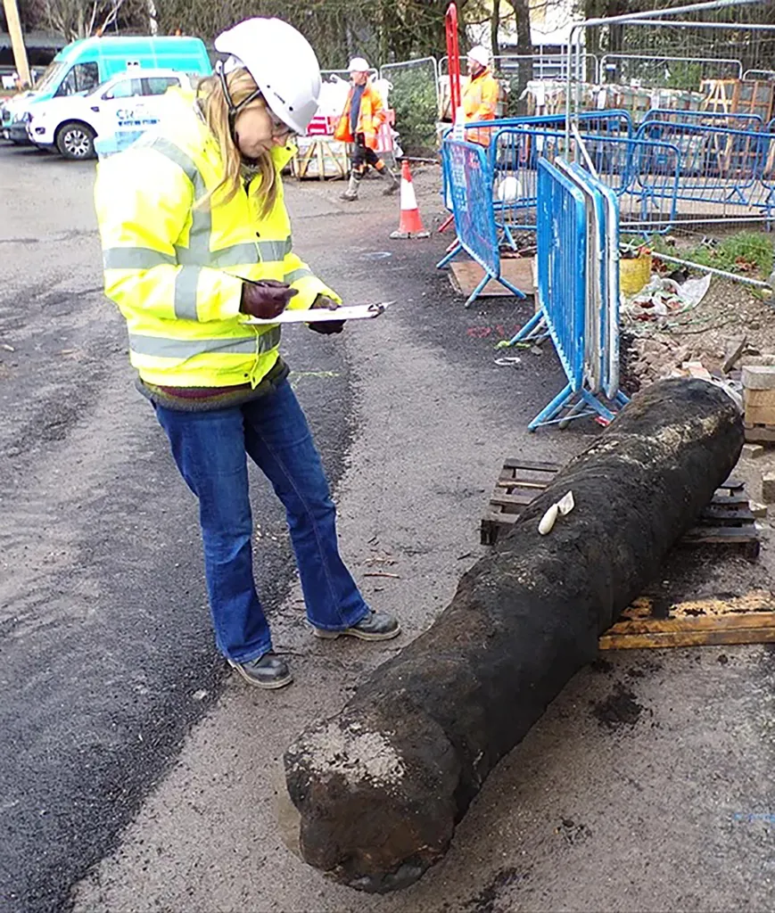 Archaeologist examining a 300-year-old cannon unearthed during construction work.