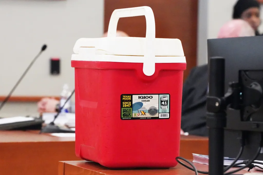 The red Igloo cooler used in the reckless incident. 