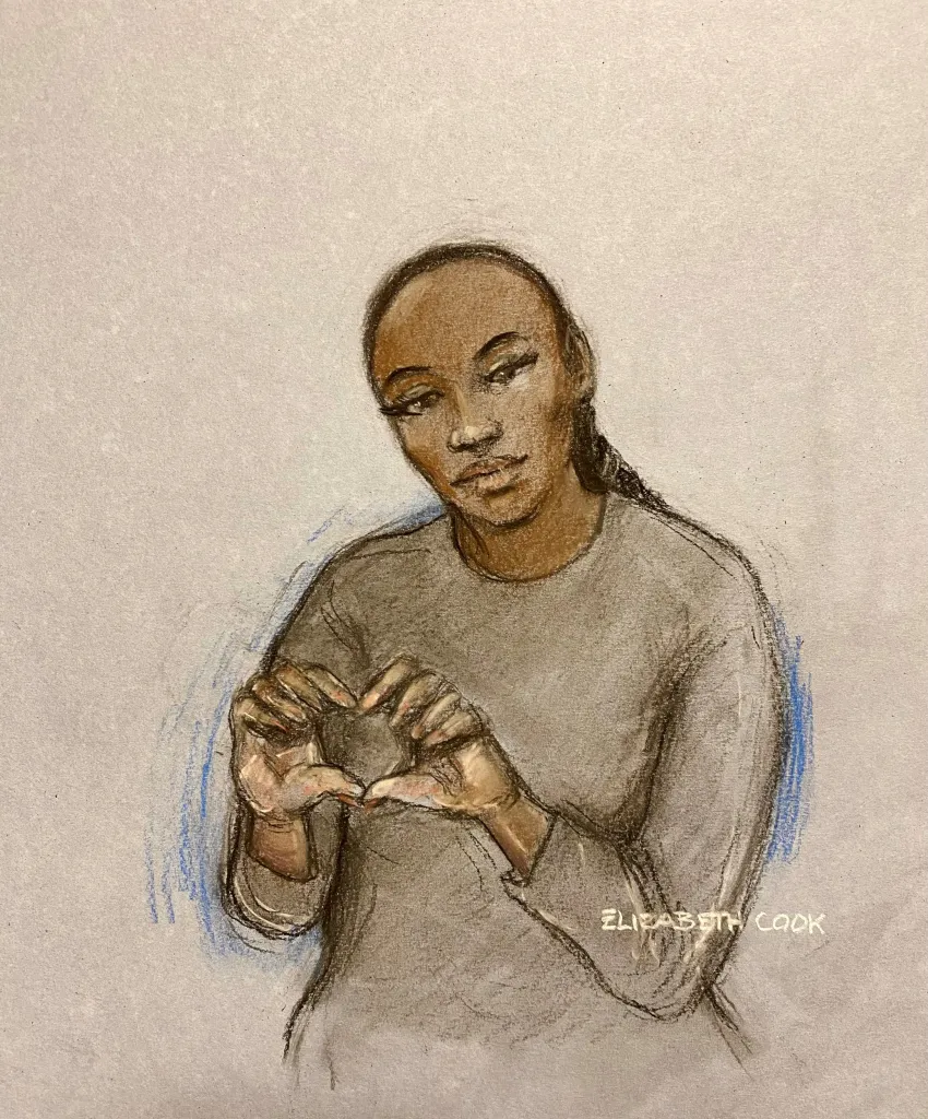 Illustration of Gabrielle Carrington appearing in court, hands clasped to form a heart.