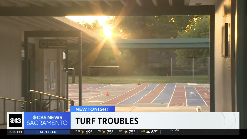 A news report from CBS 13 Sacramento on "Turf Troubles" at Crocker/Riverside Elementary School.