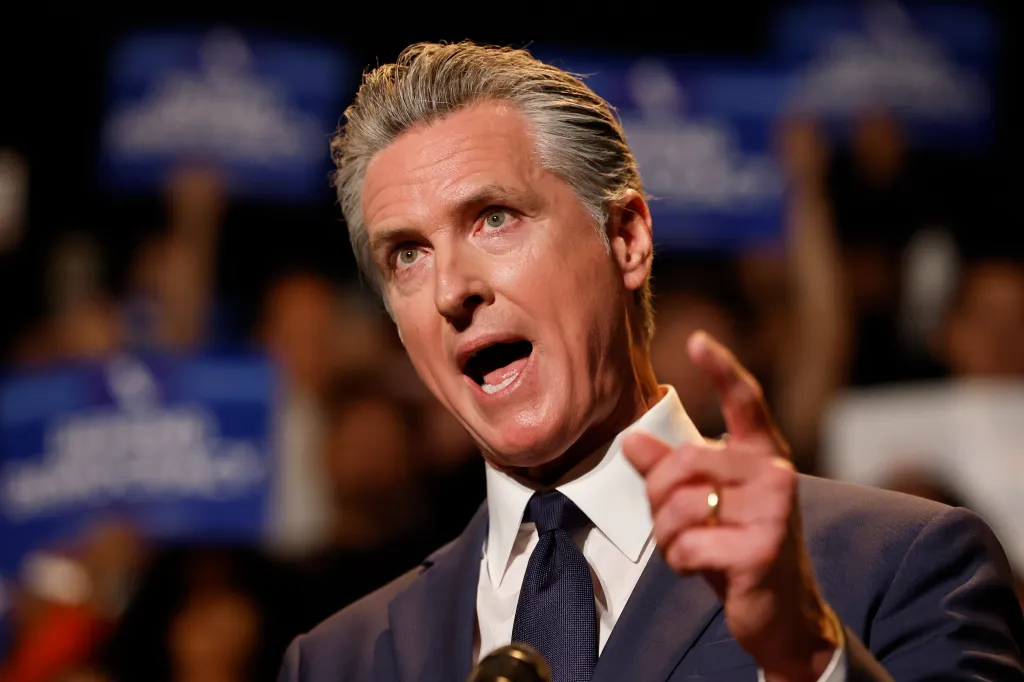 California Governor Gavin Newsom speaking at a press conference on redistricting plans.