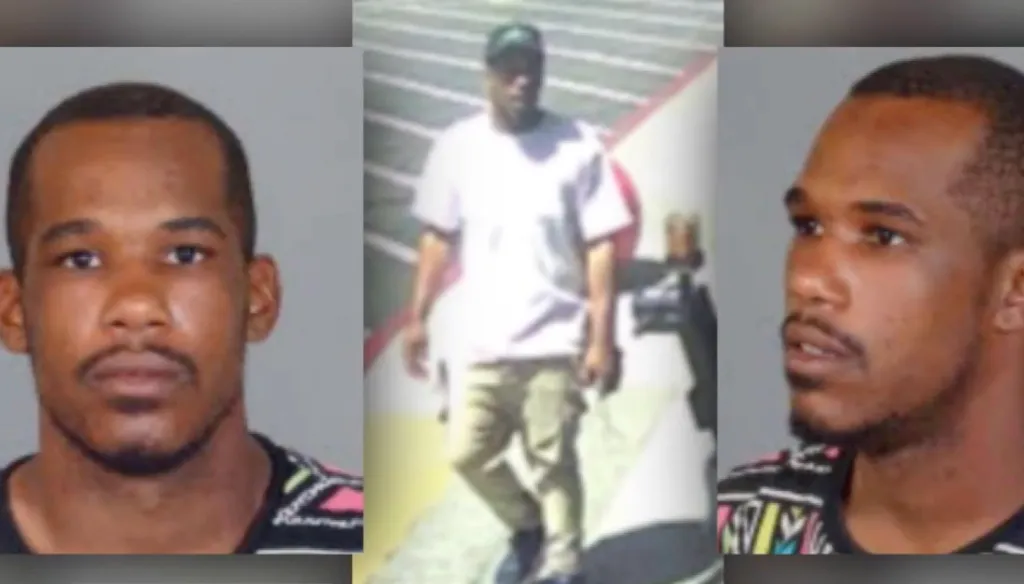 Collage of Damian Denzell Robinson's mugshot and a surveillance photo.