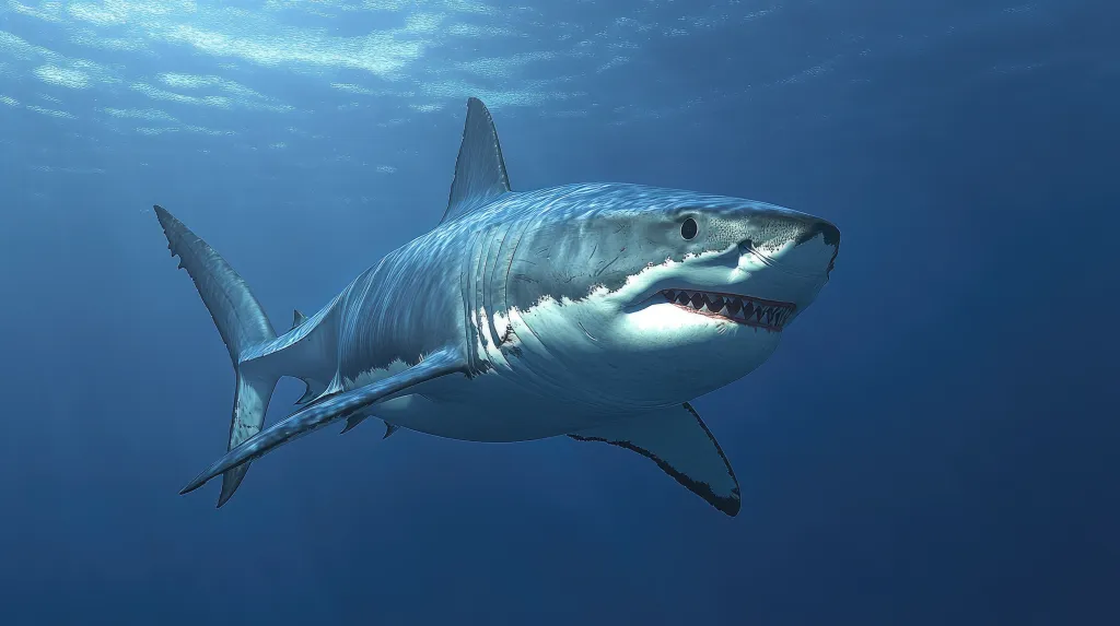 Illustration of a great white shark underwater, mouth slightly open, swimming towards the viewer.
