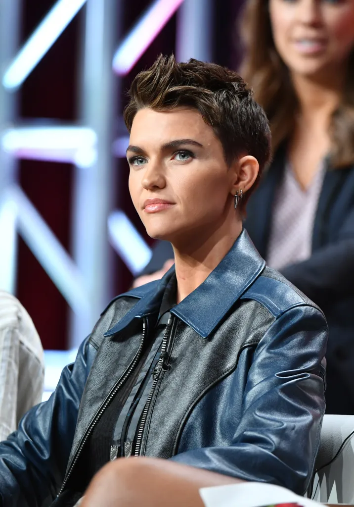 Ruby Rose wearing a blue and black leather jacket.